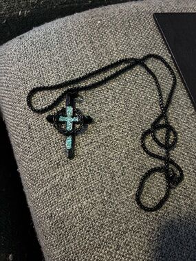 Black Cross Pendant Necklace with Turquoise Inlay